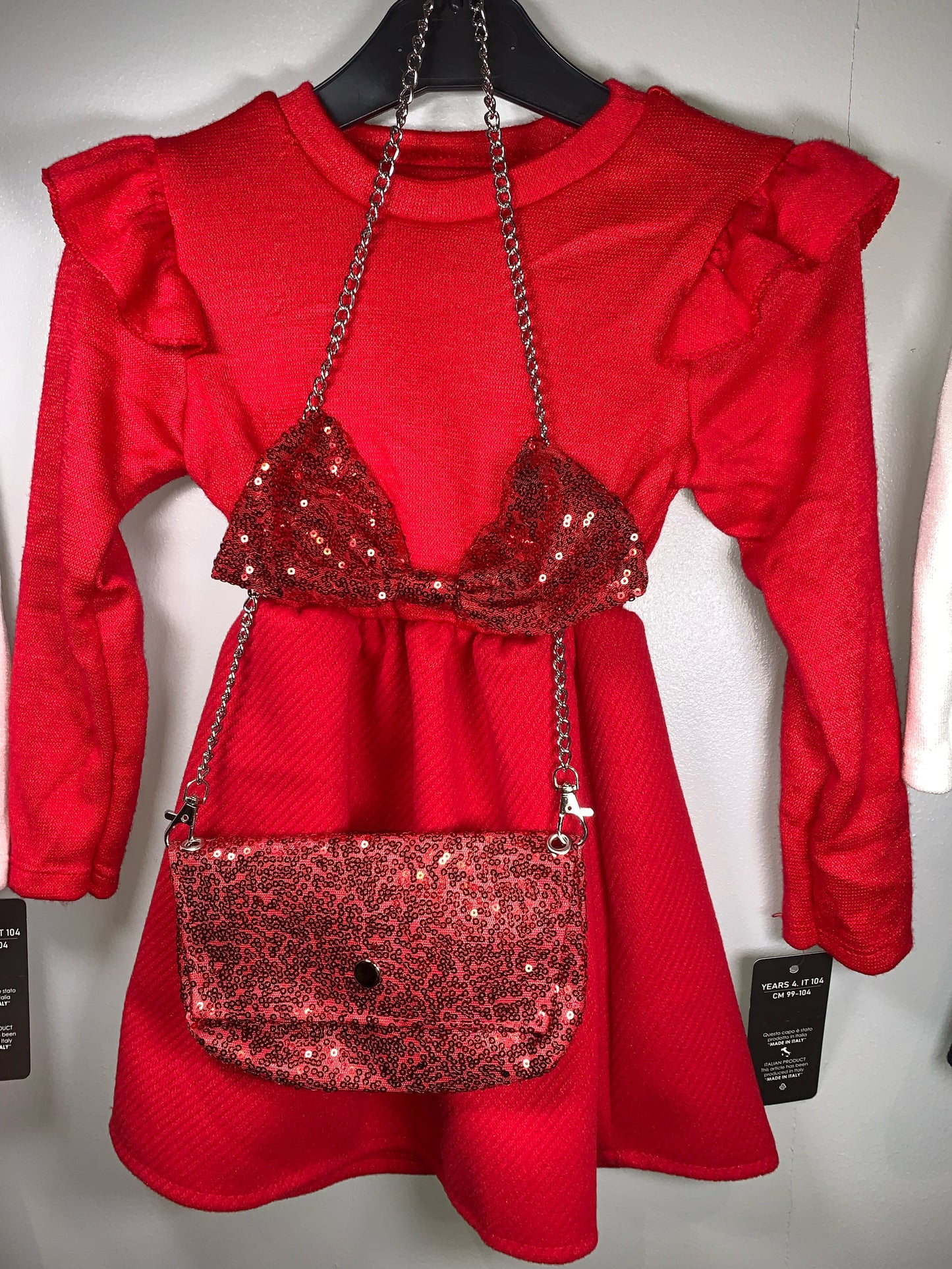 TLC Girls Kids Bow Tie Dresses Christmas Party Warm Winter Outfit Shiny Cute With Handbag