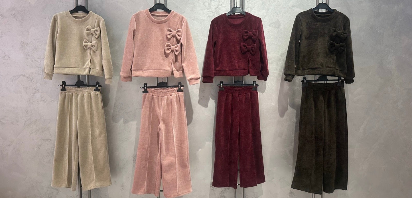 Girls Bow Tie Loungewear Ribbed Velour Co-ord sets 2-12 )