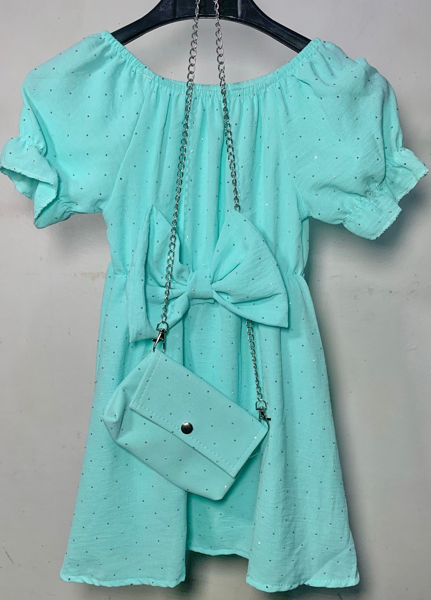 Girls Summer Bow Tie Sparkly Dress & Handbag