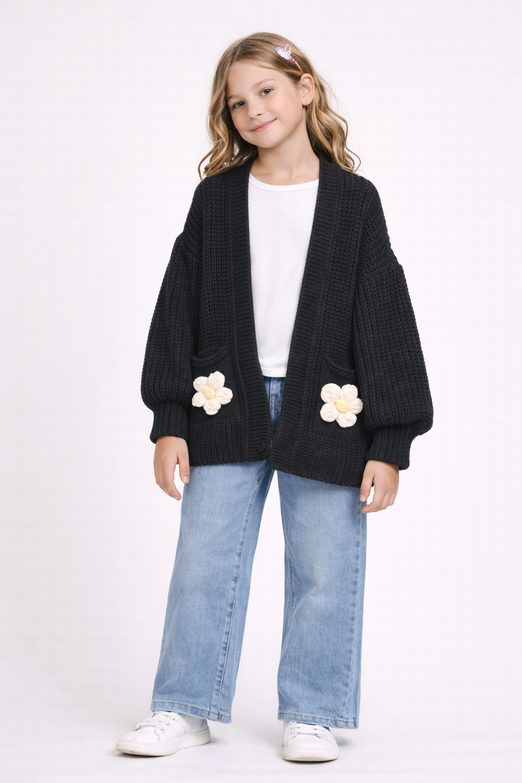 TLC Balloon Sleeve Cardigans with Flower Warm Winter Girls Clothing