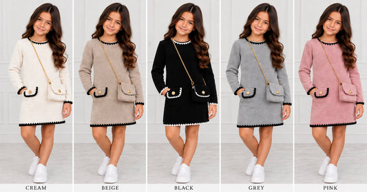 Girls velour ribbed dress & handbag