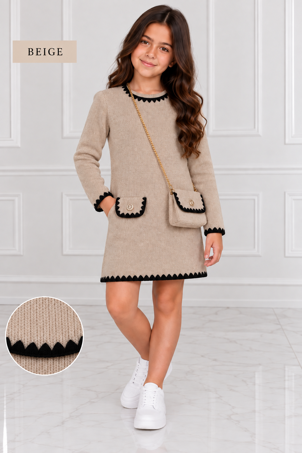 Girls velour ribbed dress & handbag