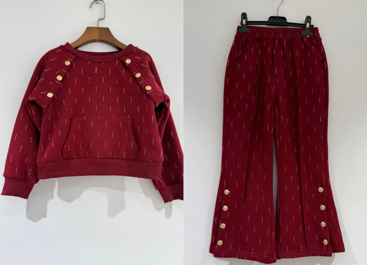 Girls Sweatshirt & Flare Trousers co-ord Set with Diamantés & Buttons 4-14 years