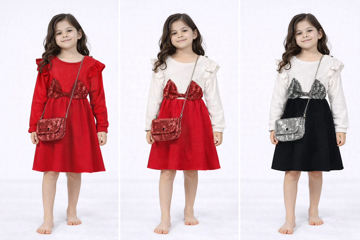 TLC Girls Kids Bow Tie Dresses Christmas Party Warm Winter Outfit Shiny Cute With Handbag