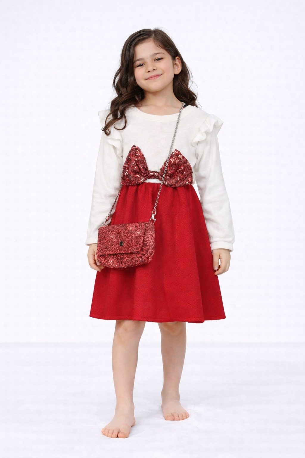 TLC Girls Kids Bow Tie Dresses Christmas Party Warm Winter Outfit Shiny Cute With Handbag