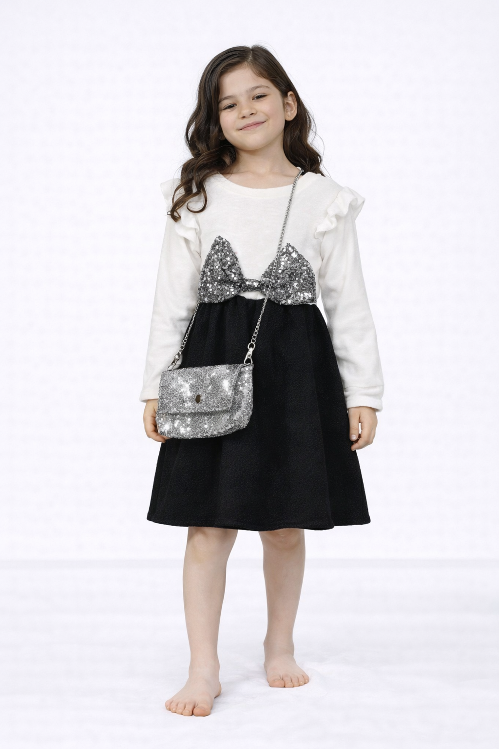 TLC Girls Kids Bow Tie Dresses Christmas Party Warm Winter Outfit Shiny Cute With Handbag