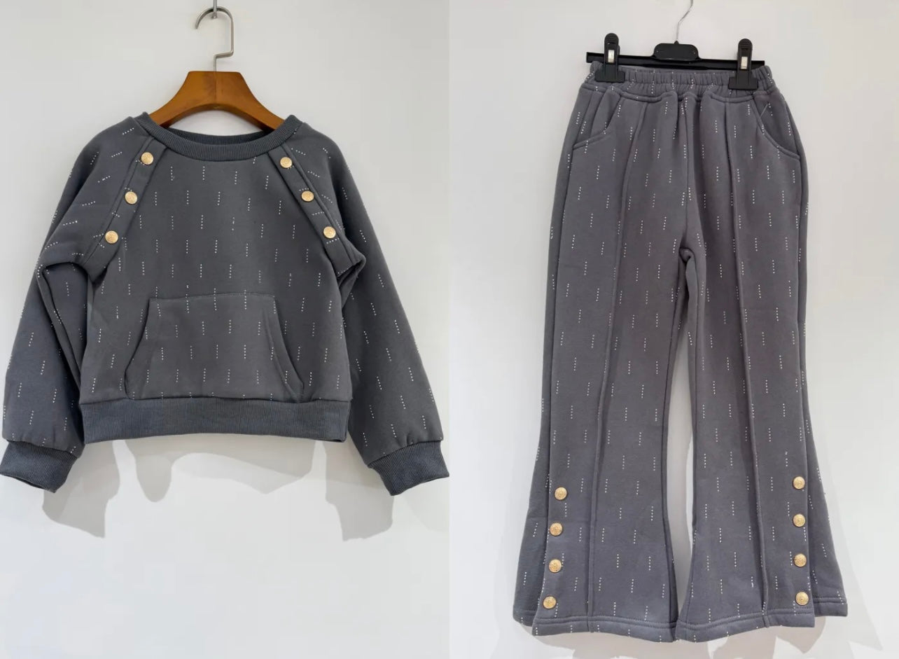 Girls Sweatshirt & Flare Trousers co-ord Set with Diamantés & Buttons 4-14 years