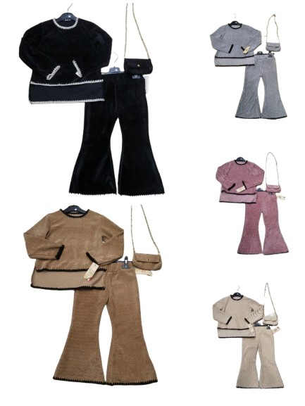 TLC Girls long back co-ord sets with trousers & top detailing & matching handbag outfit set