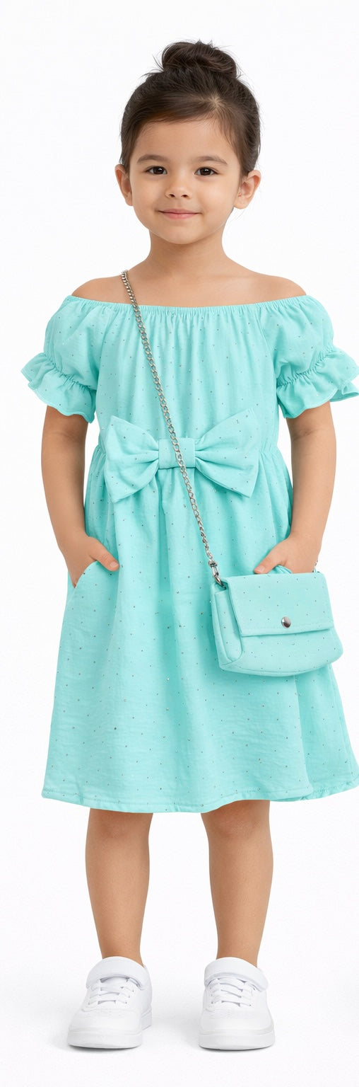 Girls Summer Bow Tie Sparkly Dress & Handbag