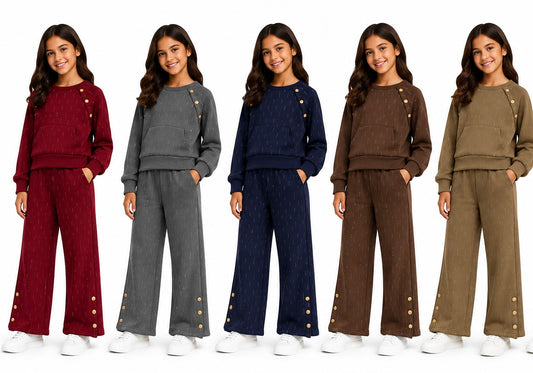 Girls Sweatshirt & Flare Trousers co-ord Set with Diamantés & Buttons 4-14 years