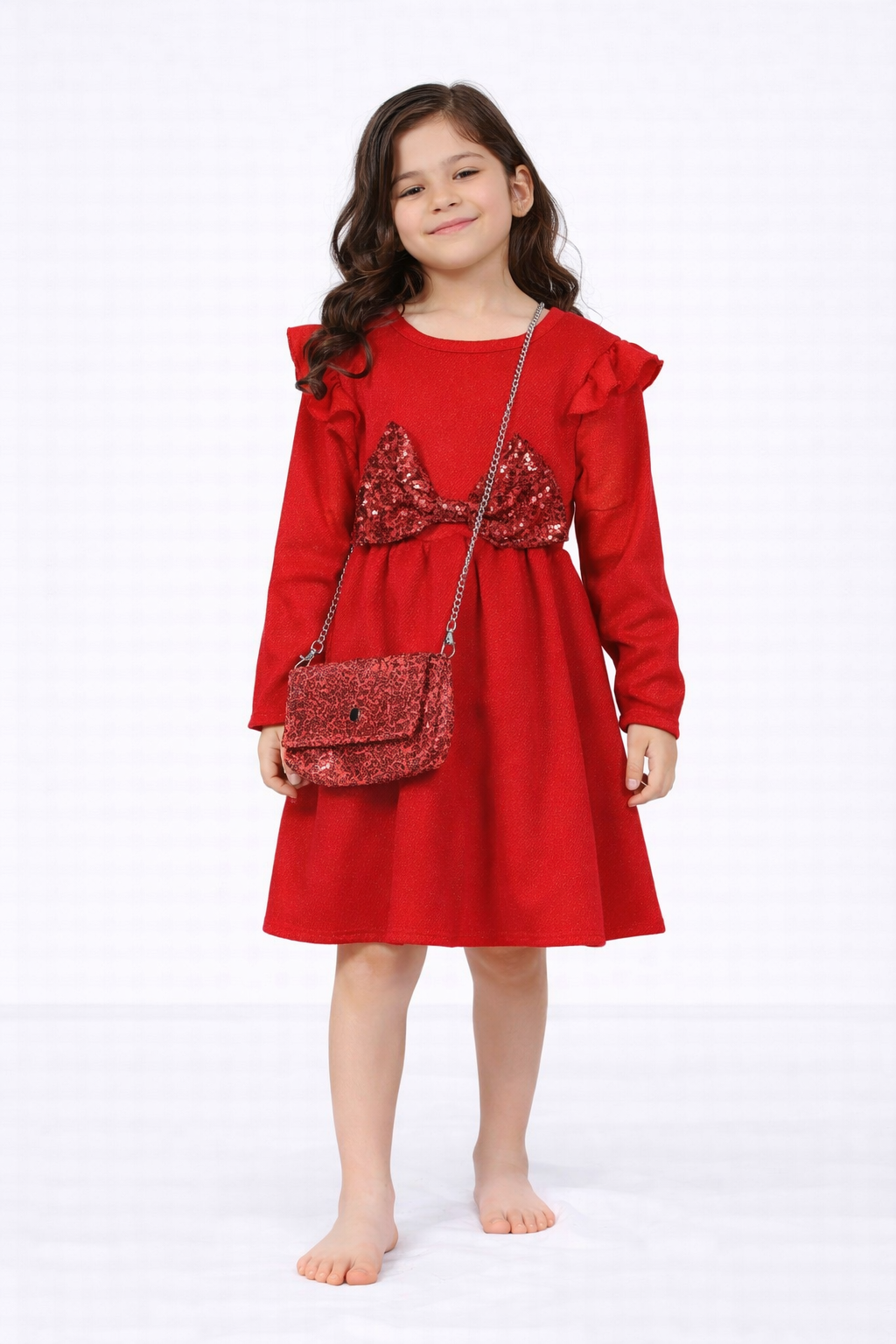 TLC Girls Kids Bow Tie Dresses Christmas Party Warm Winter Outfit Shiny Cute With Handbag
