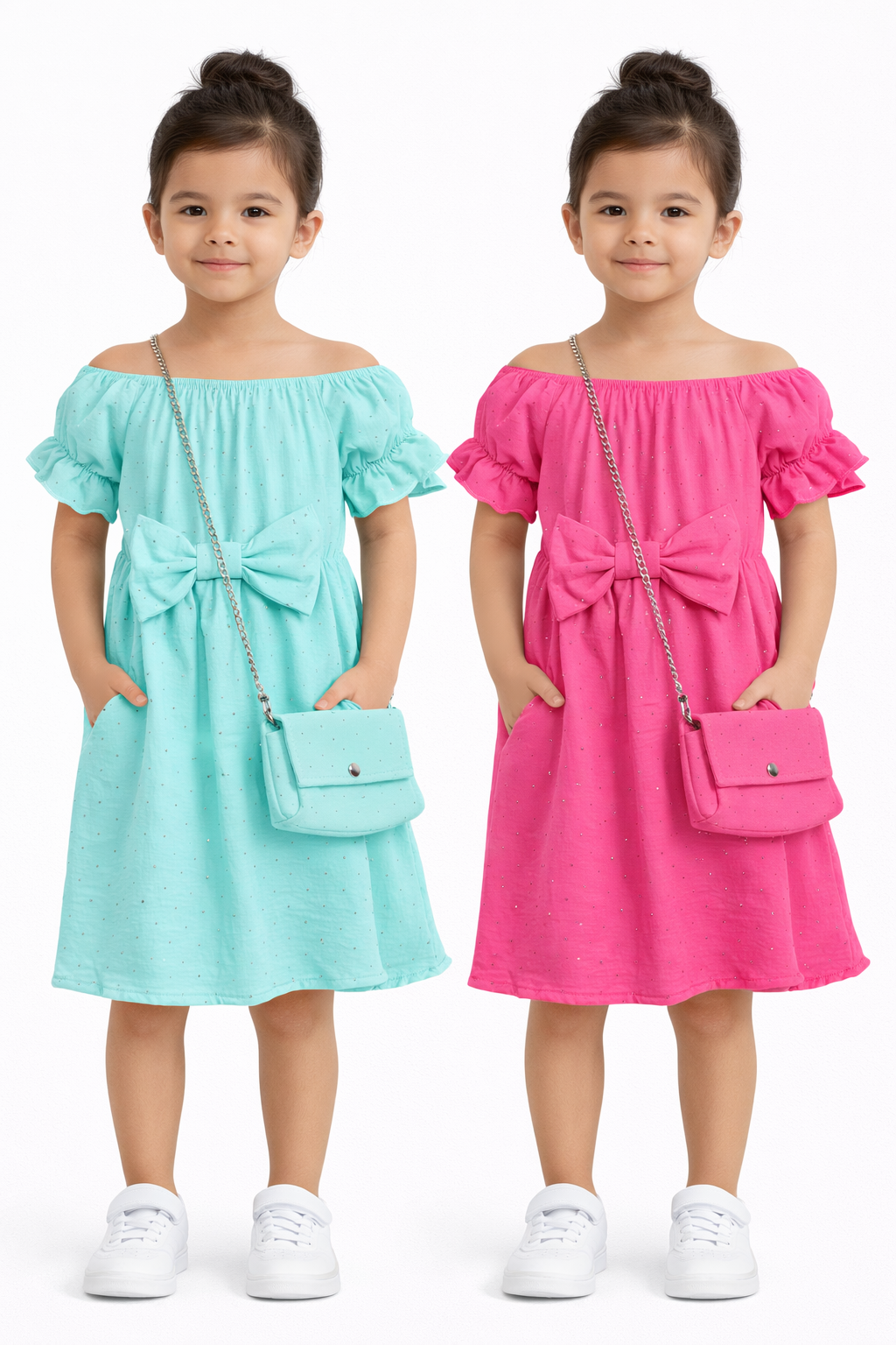 Girls Summer Bow Tie Sparkly Dress & Handbag