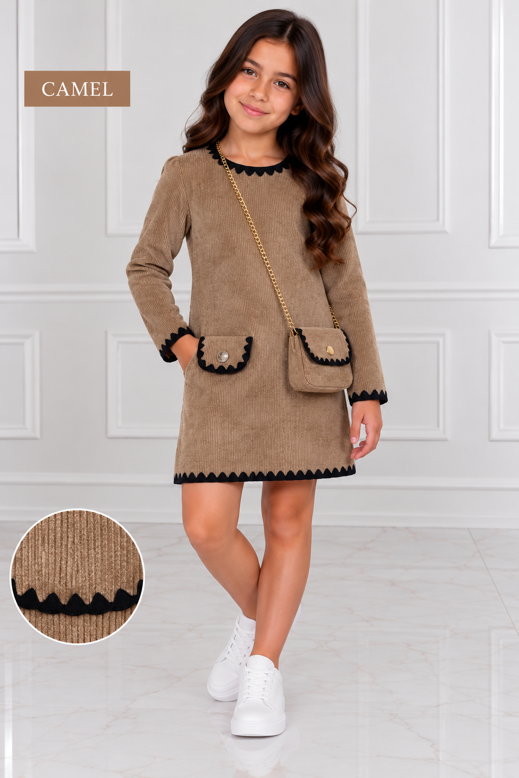 Girls velour ribbed dress & handbag