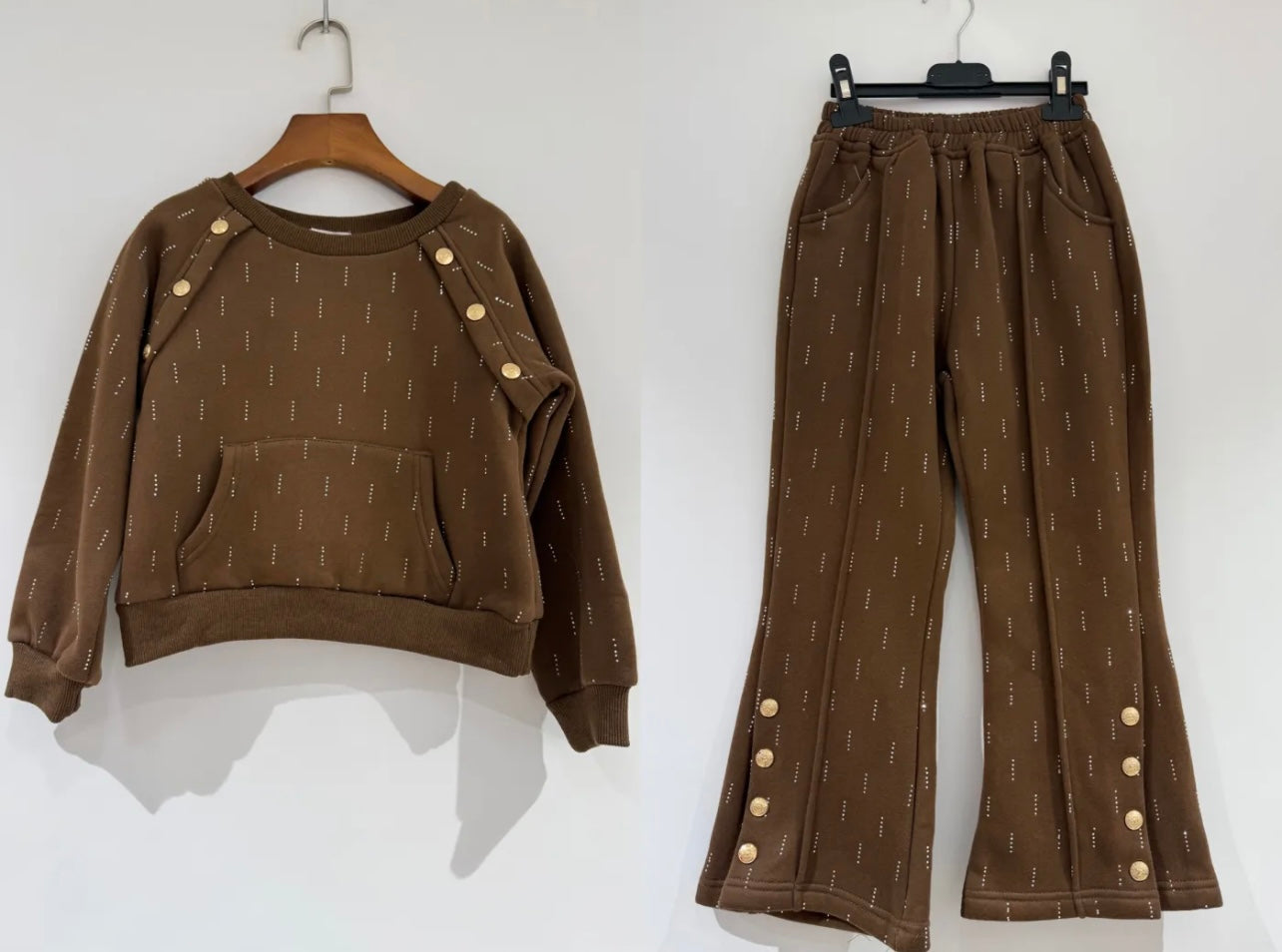 Girls Sweatshirt & Flare Trousers co-ord Set with Diamantés & Buttons 4-14 years