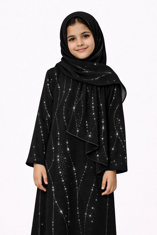 Girls Shiny Sparkle Kids Abayas with Attached Scarf