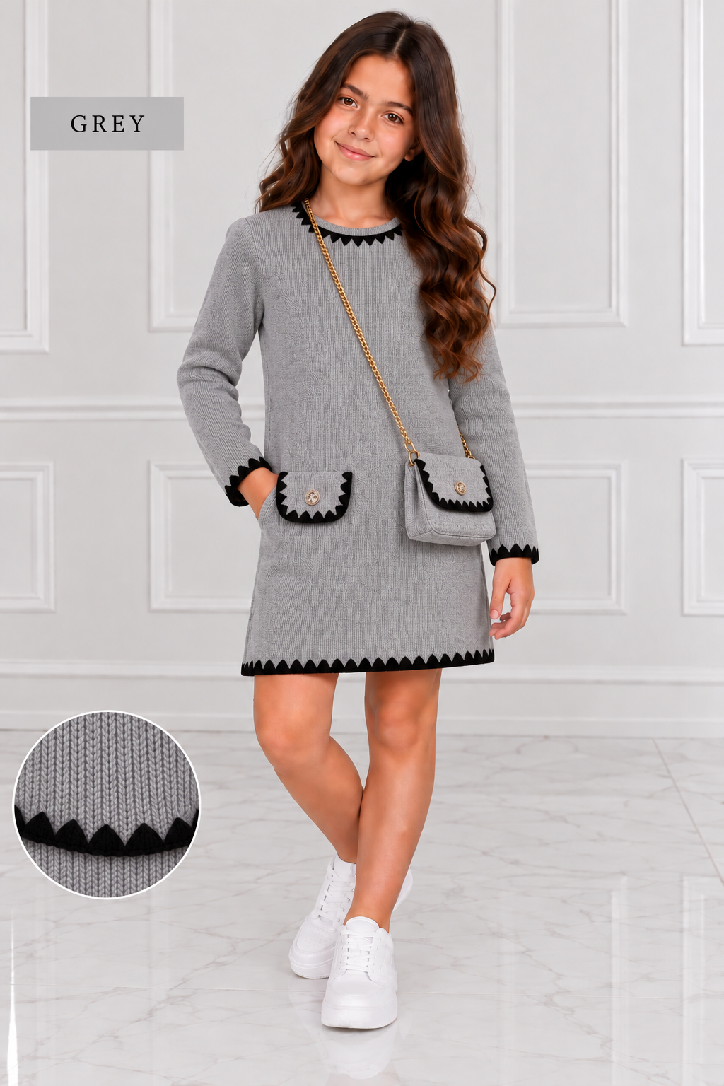 Girls velour ribbed dress & handbag