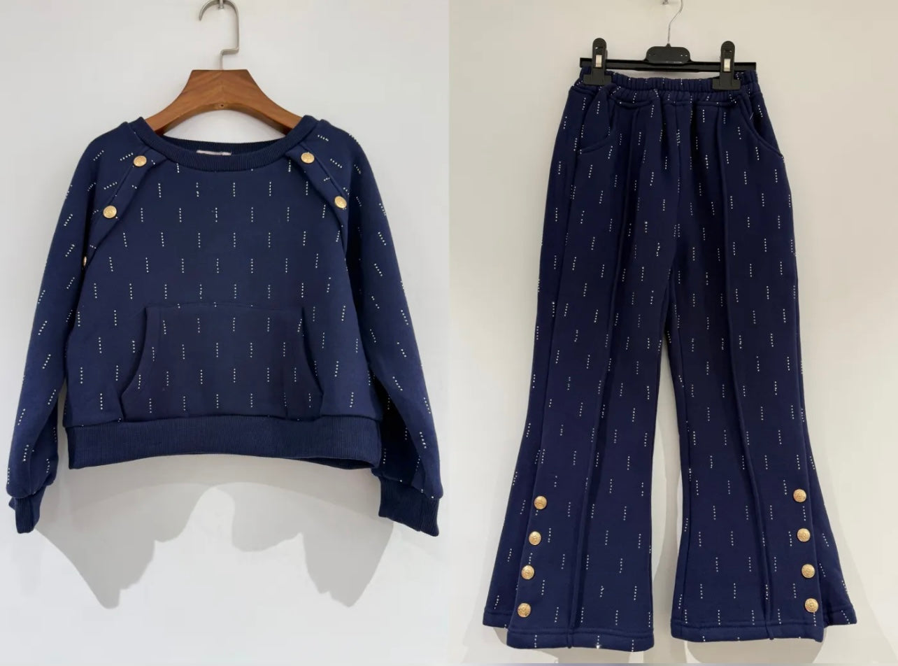 Girls Sweatshirt & Flare Trousers co-ord Set with Diamantés & Buttons 4-14 years