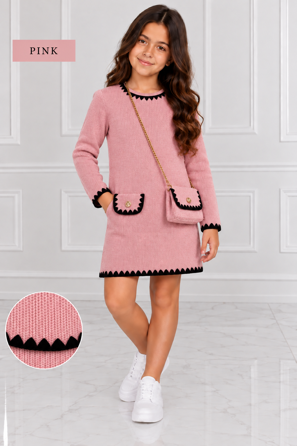 Girls velour ribbed dress & handbag
