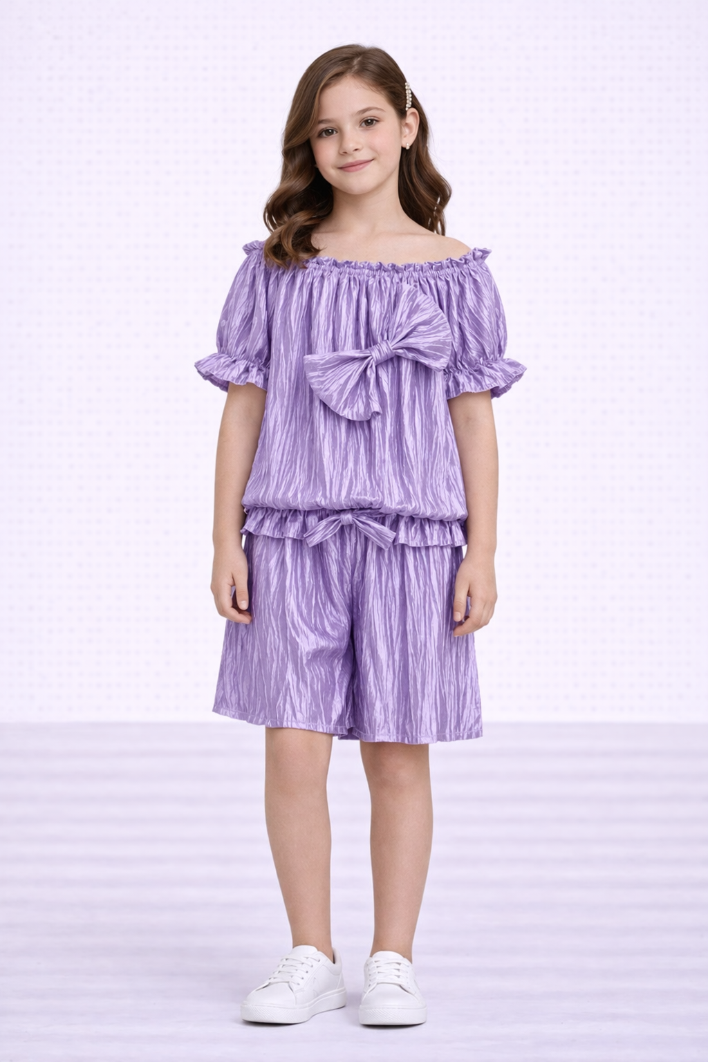 TLC Girls ribbed shorts and top coord set with bow