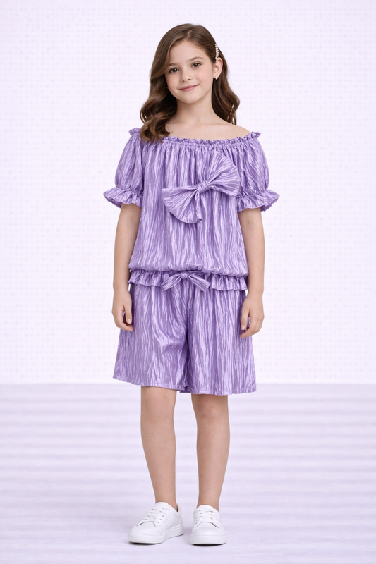TLC Girls ribbed shorts and top coord set with bow