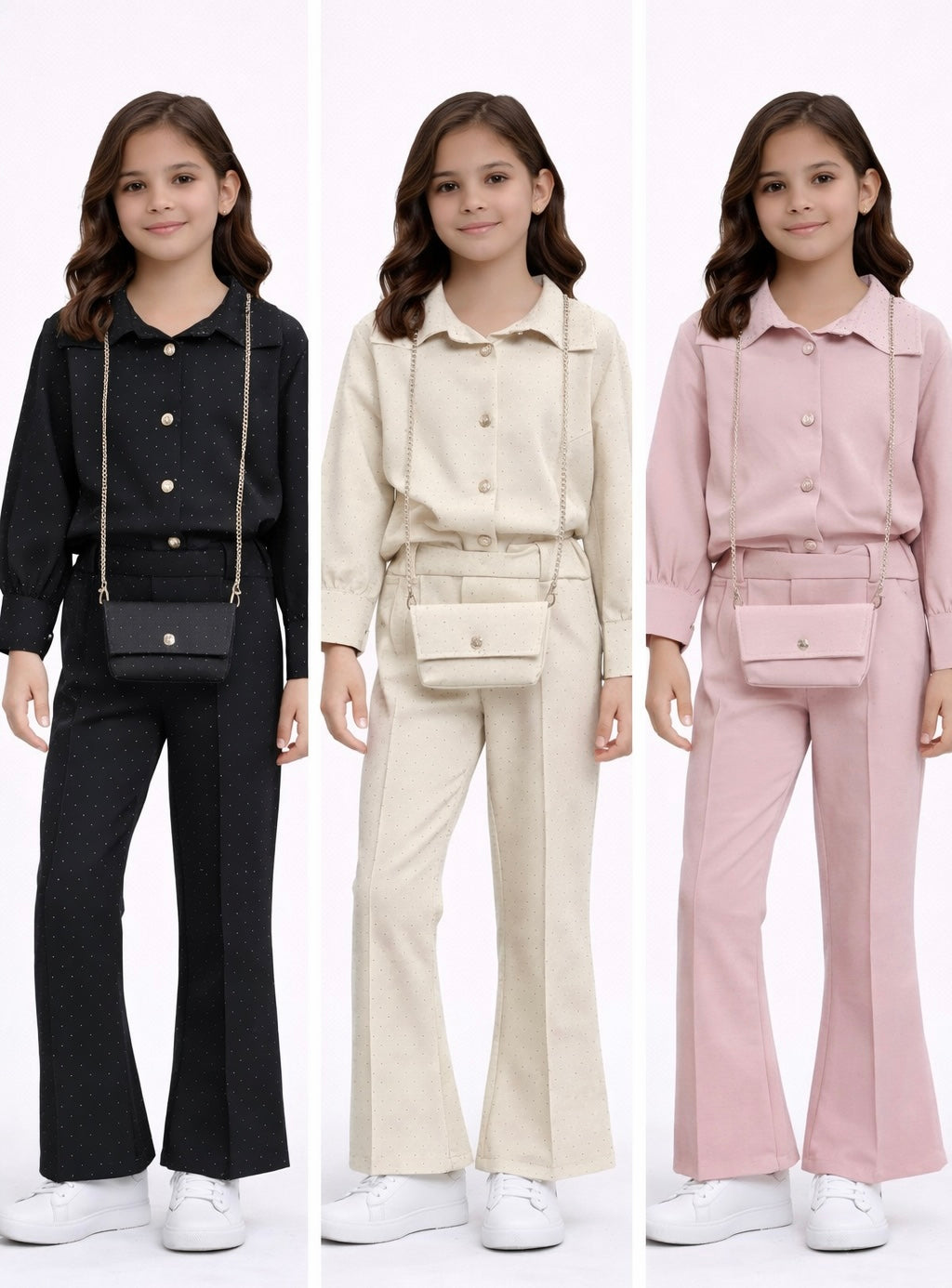 TLC New Girls co-ord sets with trousers, top & matching handbag outfit set with button & shiny diamantes