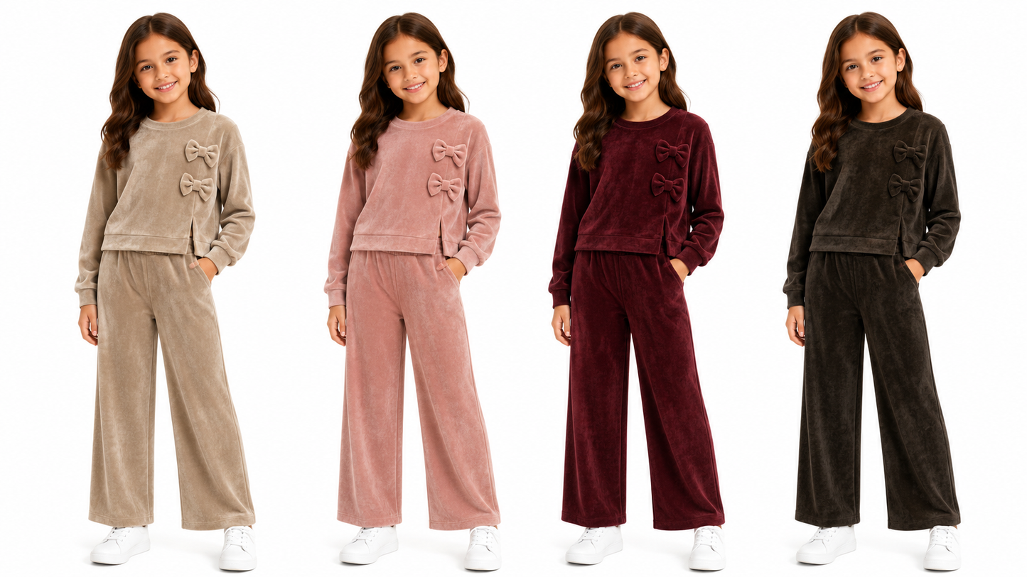 Girls Bow Tie Loungewear Ribbed Velour Co-ord sets 2-12 )